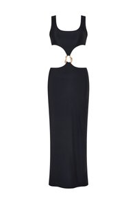 Schwarzes ärmelloses Abendkleid mit Cut-Outs und goldener Dekorativechnik, die das Oberteil mit dem Rock verbindet, bodenlang und mit figurbetonter Silhouette.