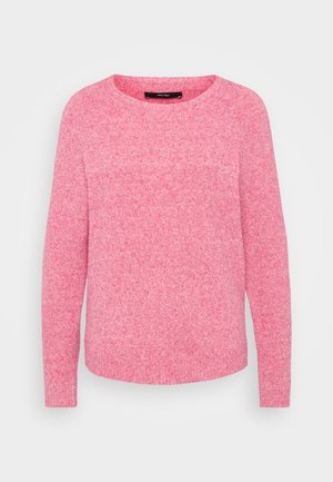 Maglione rosa in lavorazione a maglia con scollo rotondo, maniche lunghe e finitura texurizzata. Design semplice senza motivi o accenti visibili.