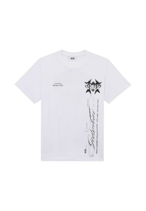 T-shirt bianca a maniche corte con stelle nere grafiche e scritta verticale "Emotion," oltre al testo "GCDS WEAR MILANO ITALY" sul davanti.