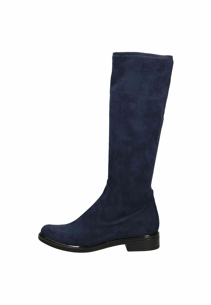 Botas de ante azul marino hasta la rodilla, con punta redondeada y un suave acento negro en el tacón.