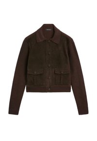 Dark brown jacket with button front, knit sleeves, knit collar, and two front flap pockets with button closures.