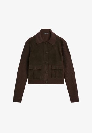 Dark brown jacket with button front, knit sleeves, knit collar, and two front flap pockets with button closures.