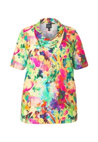 Barevný top s krátkým rukávem a volným lodenovým výstřihem. Vyrobeno z jemné látky s živým květinovým vzorem v odstínech růžové, zelené a žluté.
