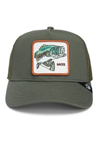 Cappello verde con retro in rete, caratterizzato da un ricamo di un pesce persico e dalla scritta "BASS". Corona rigida, visiera curva e chiusura snapback regolabile.