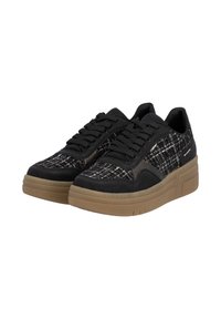 Black sneakers with textured fabric upper, featuring a plaid pattern and rubber soles. Rounded toe, lace-up design, and soft cushioned platform.