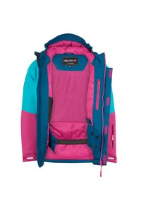 Giacca multicolore con pannelli turchesi e rosa, tasche con zip, foderata in pile e cappuccio regolabile. Dettaglio notevole della tasca interna.
