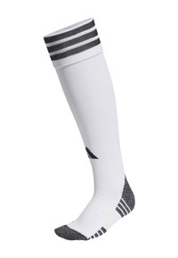 Άσπρες κάλτσες μέχρι το γόνατο με μαύρες ρίγες στη μανσέτα, υφασμένη γκρι μύτη, και αθλητικό σχέδιο με μαύρο λογότυπο στο πλάι.