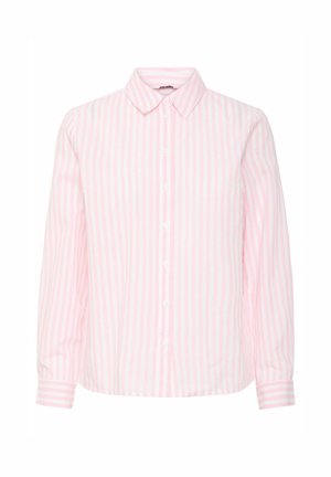 Lange mouw shirt in roze en witte verticale strepen, met een klassieke kraag en een knoopsluiting aan de voorkant met omgeslagen mouwen.