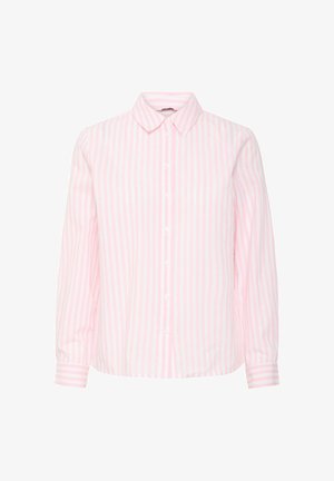 Long-sleeve shirt in pink and white vertical stripes, featuring a classic collar and button-down front with cuffed sleeves.