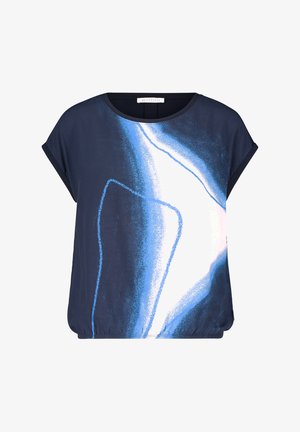 T-shirt bleu marine à manches courtes, orné d'un motif abstrait bleu et blanc. Fabriqué en tissu doux, coupe décontractée avec un ourlet arrondi.