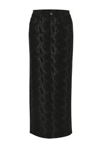 Jupe en denim noir avec un motif en peau de serpent, taille haute, fermeture à boutons sur le devant et silhouette droite élégante. L'ourlet atteint le milieu du mollet.