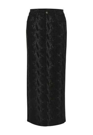 Čierna džínová sukňa so vzorom hadej kože, vysoký pás, zapínanie na gombík vpredu a elegantný rovný strih. Lem dosahuje do polovice lýtok.