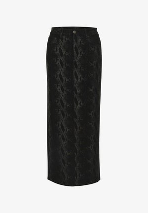 Črna denim krilo z vzorcem kačjega usnja, visok pas, sprednje gumbno zapiranje in eleganten ravno krojen silhuet. Rob sega do sredine meč.