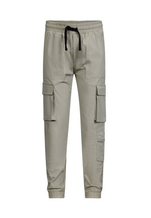 Pantalons cargo kaki avec une taille à cordon, dotés de deux grandes poches latérales, de poignets fuselés et d'un tissu léger et texturé.