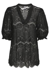 Blusa negra de encaje con mangas abullonadas, escote en V y dobladillo ondulado. Presenta patrones intrincados y una textura tejida abierta.