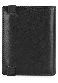 Cartera de cuero negro con textura suave, forma rectangular, bordes cosidos y acentos de banda elástica. Diseño compacto y funcional.