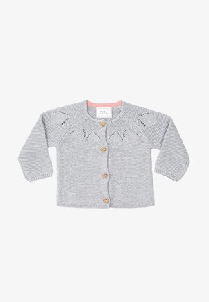 Light gray knitted cardigan with long sleeves, round neckline, and a pink inner collar. Features four wooden buttons and leaf-patterned details.