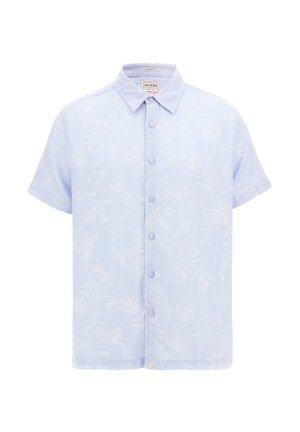 Himmelblaues kurzärmliges Hemd mit Knopfleiste und einem dezenten Blumenmuster, aus weichem Stoff gefertigt, mit klassischem Kragen und sechs Knöpfen.