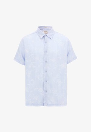 Svetlo modrá krátkozrnná košela na gombíky s jemným kvetinovým vzorom, vyrobená z mäkkého materiálu, s klasickým golierom a šiestimi gombíkmi.