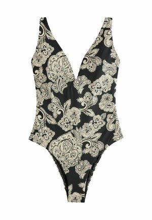 Costum de baie negru, dintr-o singură piesă, cu decolteu adânc în V, având un model floral paisley alb. Material neted, cu deschideri pentru picioare tăiate înalt.