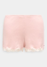 Pantaloncini di cotone rosa chiaro con texture a coste, caratterizzati da un bordo decorativo in pizzo sull'orlo e spacchi laterali per un dettaglio aggiuntivo.