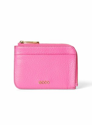 Rosa Leder-Kartenhalter mit strukturiertem Finish, goldenen Beschlägen und einem Reißverschluss. Kompakte Bauweise mit geprägtem Logo auf der Vorderseite.