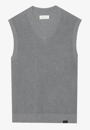 Grauer, gestrickter ärmelloser Pullover mit V-Ausschnitt und gerippter Textur. Besitzt ein dezentes Markenlabel am Saum.