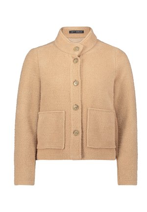 Beige wollen blend jas met een kraag, vijf knopen en twee voorzakken. Geverfde stof in een boxy, cropped ontwerp.