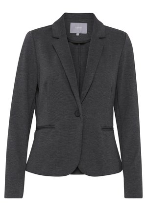 Blazer gris foncé en tissu texturé. Présente un col cranté, une fermeture à un bouton, et deux poches avant avec un détail de piping.