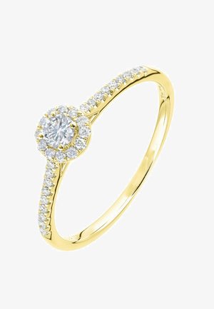 Kuldne sõrmus ümmarguse otsikuga, mille keskel on läbipaistev kivike ning selle ümber väiksemad kivikesed, mis lisavad sära sõrmusele.