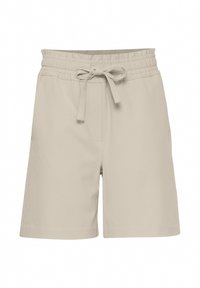 Shorts beiges avec une taille à cordon, texture lisse et haut élastiqué. Comprend une poche latérale pour plus de commodité.