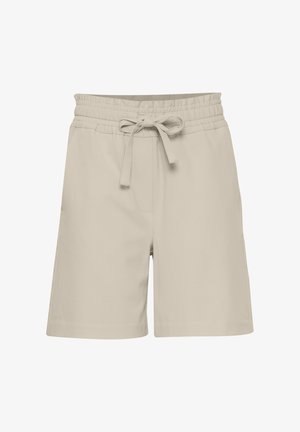 Beige shorts with a drawstring waistband, smooth texture, and an elasticized top. Features a side pocket for convenience.