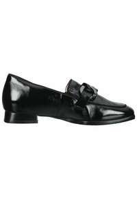Black leather loafers with a glossy finish, featuring a band and decorative buckle on the front, low stacked heel, and rounded toe.