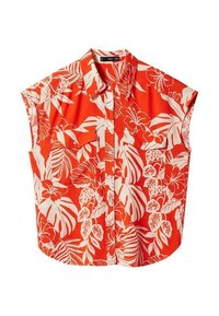 Camicia a maniche corte con bottoni di un vivace rosso, decorata con un motivo di foglie tropicali bianche. Presenta un colletto e due tasche sul petto. Tessuto leggero.