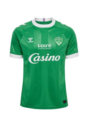 Grünes Saint-Étienne Fußballtrikot mit weißem Kragen und Manschetten, mit ASSE-Logo und Casino-Sponsor auf der Vorderseite.