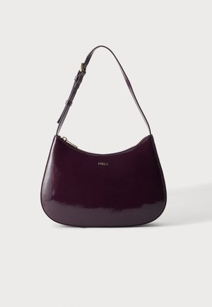 Shiny dark purple leather shoulder bag with adjustable strap and gold zipper, branded Furla logo on front.