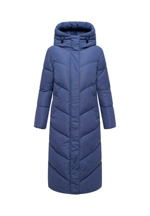 Duga, pahuljasta jakna u tamnoplavoj boji s visokim ovratnikom i kapuljačom. Sadrži chevron šavove i široke rukave za toplinu i udobnost.