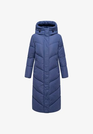 Lang, puffy jakke i marineblått med høy krage og hette. Har chevron-søm og vide ermer for varme og komfort.