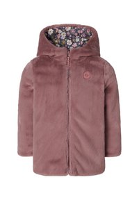Roze, zachte jas met een capuchon, voorkant met rits en een bloemenpatroon aan de binnenkant. Heeft een klein logo aan de linkerkant.