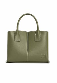 Borsa a mano in pelle verde con design strutturato, duplice manico e cuciture a contrasto. Logo in rilievo e texture liscia.