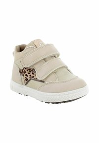 Sneakers beige per bambini, dotati di due strap in Velcro, un accento a forma di stella leopardata texture e una suola in gomma bianca con trazione.