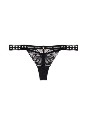 String en dentelle noire avec un motif floral, des bords festonnés et un accent doré au centre. Épaules avec découpes géométriques.