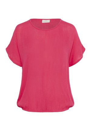 Short-sleeved pink blouse made of lightweight fabric, featuring a rounded neckline and a relaxed fit with a smooth, slightly textured surface.