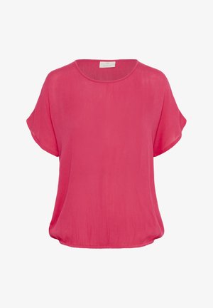 Short-sleeved pink blouse made of lightweight fabric, featuring a rounded neckline and a relaxed fit with a smooth, slightly textured surface.