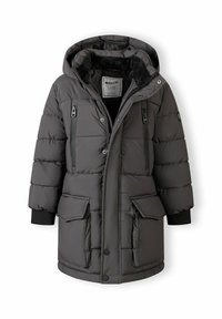 Grå polstret vinterjakke med en hætte foret med faux pels, lynlåslommer på brystet og store frontlommer med knaplukninger.