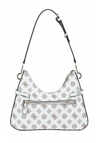 Borsa a tracolla bianca in pelle con un sottile motivo marrone, silhouette curva, tasca frontale con zip e tracolla regolabile.