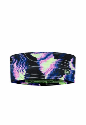 Multicolored elastic headband with abstract pink, blue, and black patterns and a small circular logo reading "Buff" on the side.