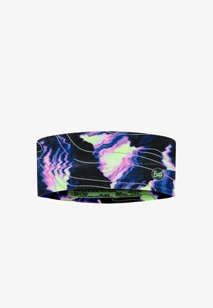 Multicolored elastic headband with abstract pink, blue, and black patterns and a small circular logo reading "Buff" on the side.