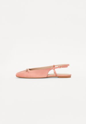 Pink satin slingback shoe with a rounded toe, cutout design, and a gold-tone buckle accent on the ankle strap. Flat sole.