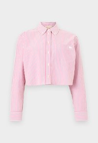 Ροζ και λευκό κοντό πουκάμισο με κάθετες ρίγες, κουμπιά, μακριά μανίκια και μπροστινή τσέπη στο στήθος με μικρό λευκό λογότυπο.